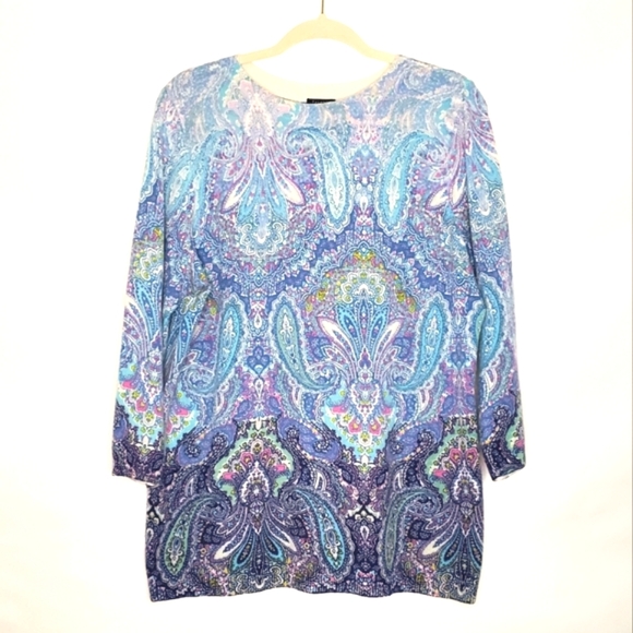 Talbots Plus Audrey Cashmere Sweater Size X (14) Calico Paisley Blue Pullover - Picture 1 of 13